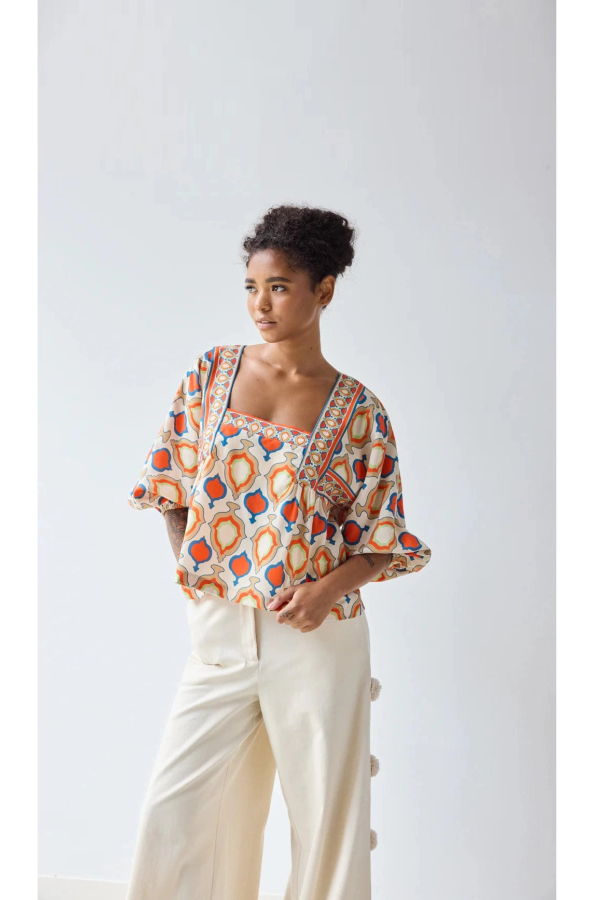 Hope for Flowers by Tracy Reece Square Neck Blouse - Custard Medallion