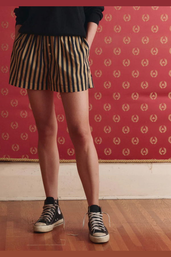 The Great. The Boxer Short. Khaki/Black Club Stripe Shorts