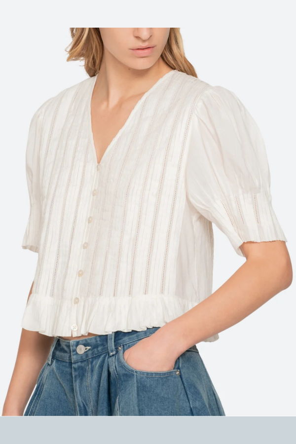 Sea NY Alberte Solid Bubble Sleeve Top - White