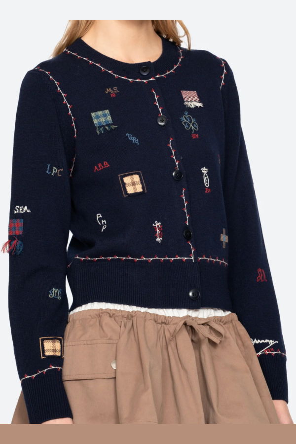 Sea NY Claira Embroidered Knit Cardigan - Navy