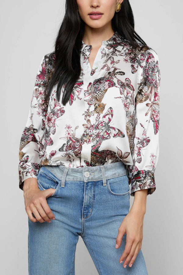 L'agence Dani 3/4 Sleeve Blouse - White Multi Butterfly Jungle