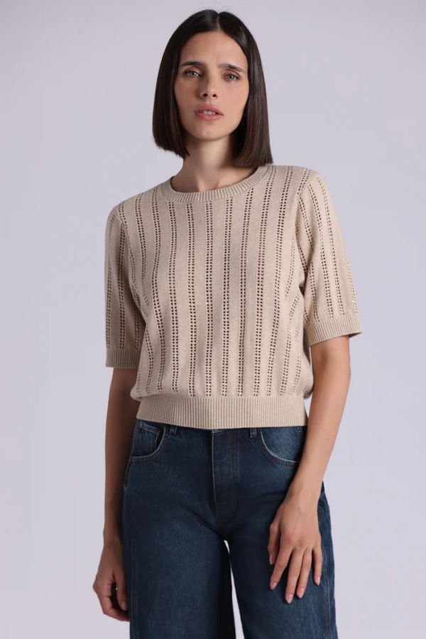 Minnie Rose Sparkle Short Sleeve Crew Sweater - Brown Sugar