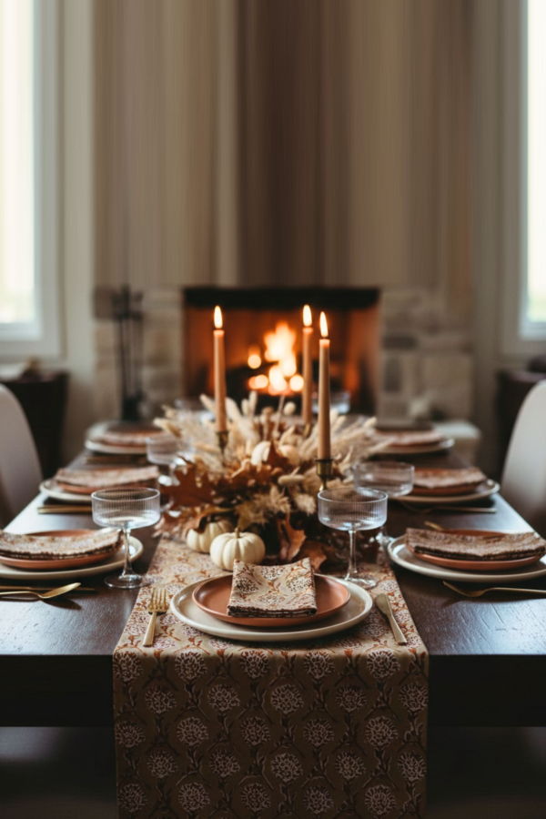 Banyan & Birch Nikhar Linen Hand-Printed Table Runner - Chai Brown