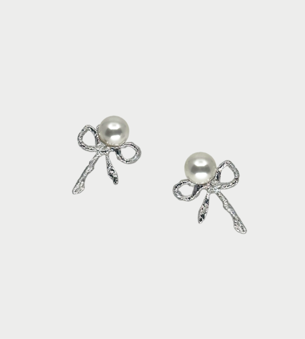 YVMIN Twisted Rope Bow Pearl Earring - Silver