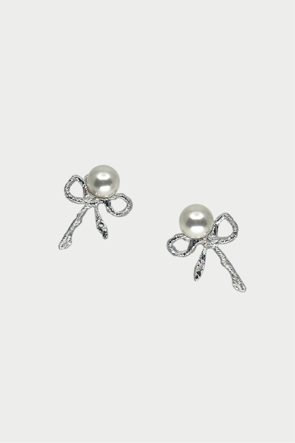YVMIN Twisted Rope Bow Pearl Earring - Silver