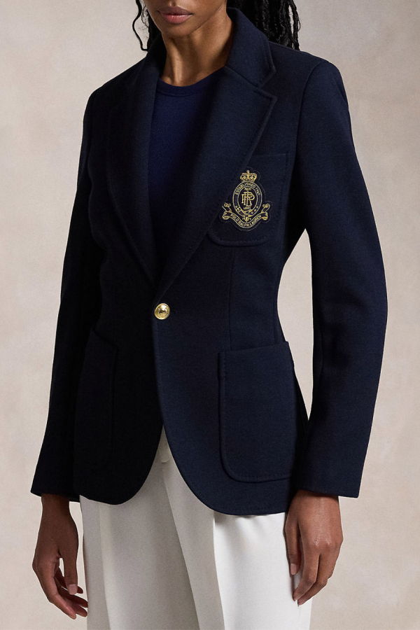 Polo Ralph Lauren Navy Single-Breasted Logo-Crest Knit Blazer - Park Avenue Navy