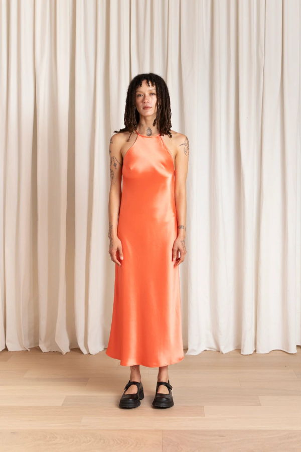 Ali Golden Neon Orange High Neck Bias Dress