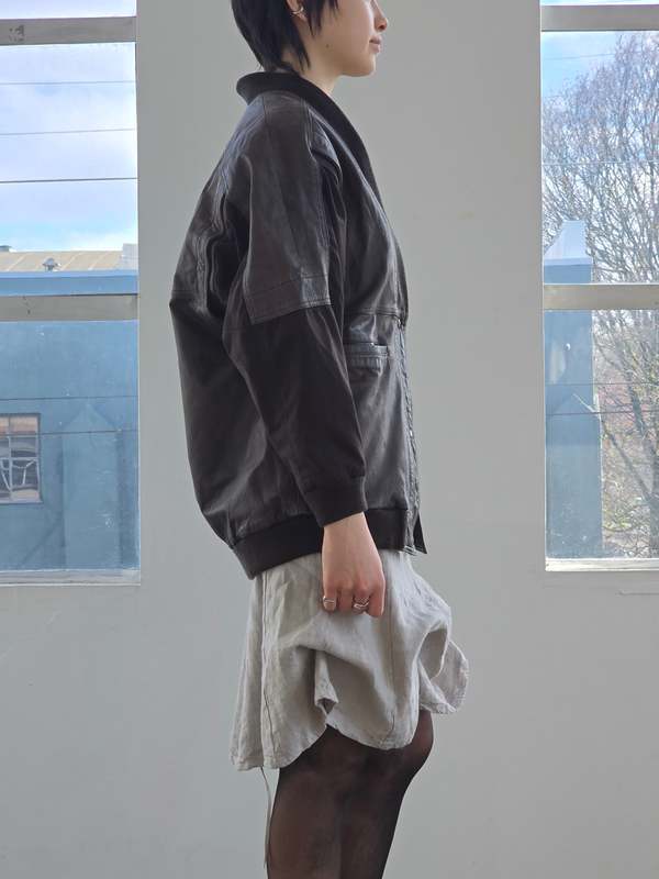 Vintage Retro Leather Snap Button Bomber Jacket - Brown