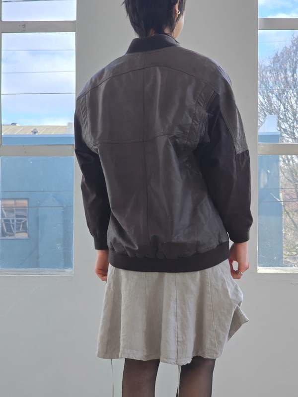 Vintage Retro Leather Snap Button Bomber Jacket - Brown