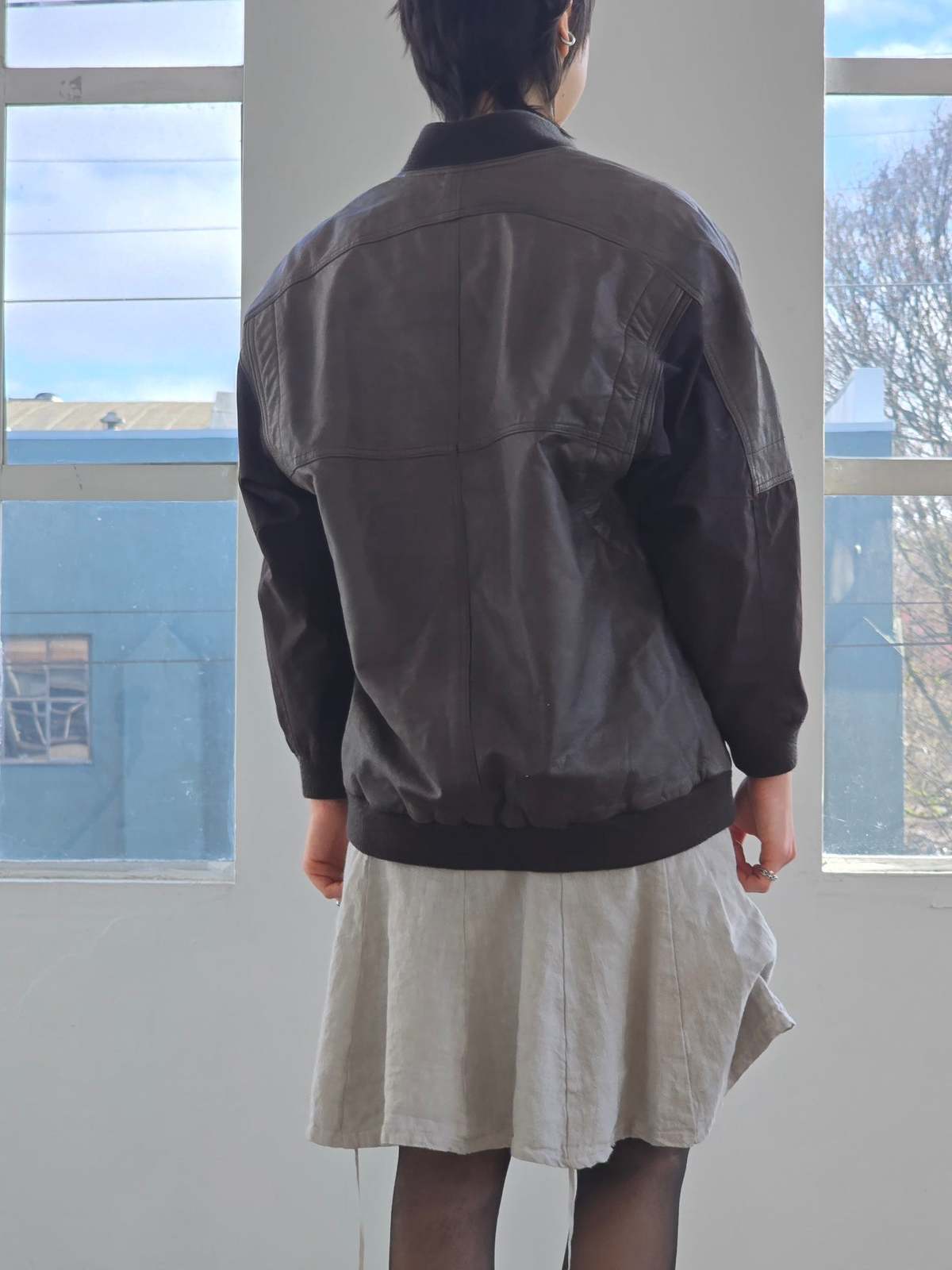 Vintage Retro Leather Snap Button Bomber Jacket - Brown - Image 5 of 5