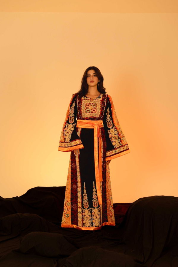 Deerah Black and Orange Traditional Palestinian Thobe Dress - Black and Orange