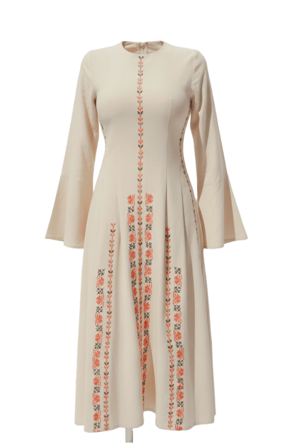 Deerah Hand Embroidered Linen Dress - Beige