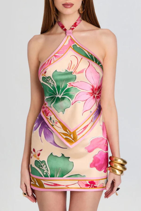 RETROFÊTE Adelaide Silk Dress - Ivory Hibiscus Floral