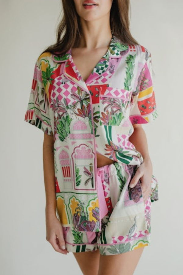 Katie Kime Greco Garden Pajama Shorts Set - Pink Multi