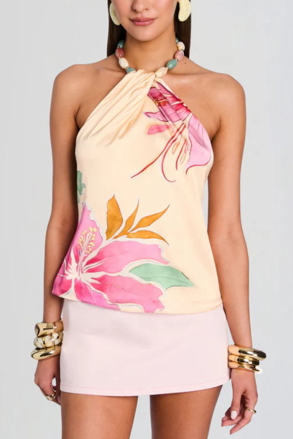 RETROFÊTE Milani Embellished Top - Ivory Hibiscus Floral