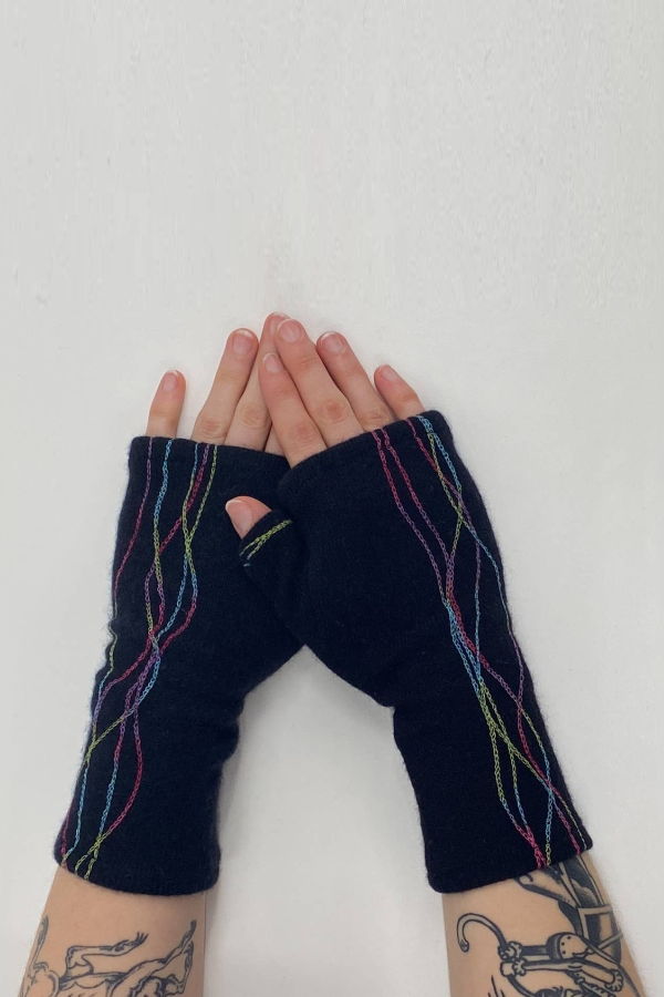 Sardine Clothing Co. Squiggle Fingerless Cashmere Gloves - Rainbow/Blackon Black