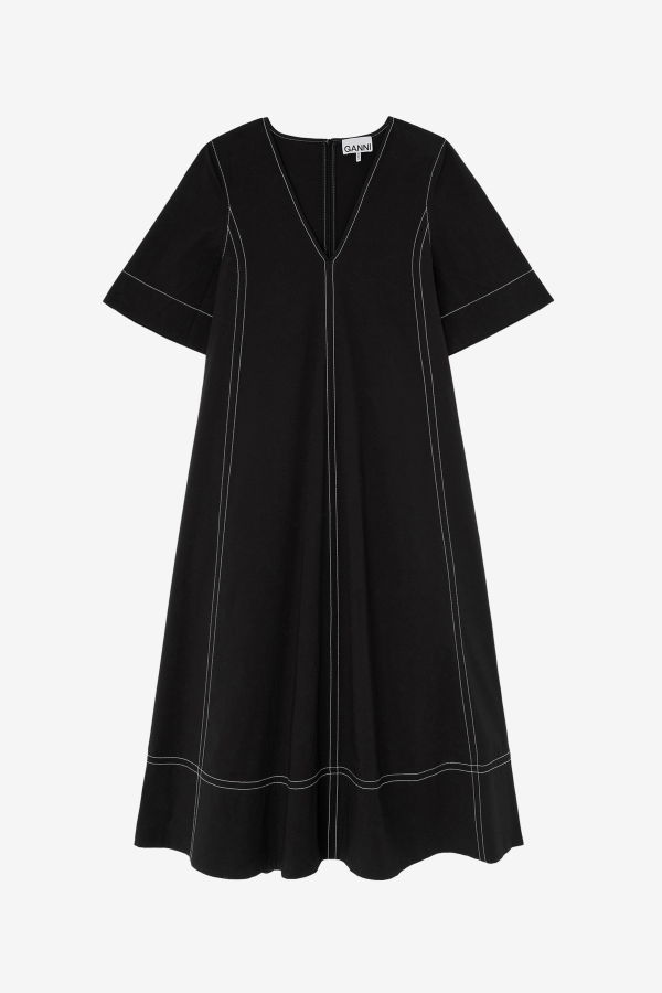 Ganni Stretch Cotton A-Line Long Dress - Black