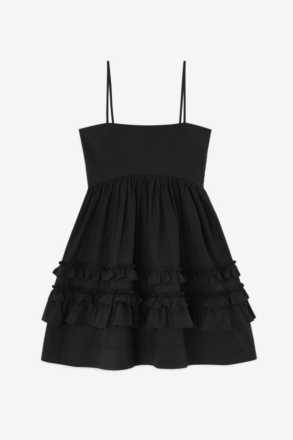 Ganni Stretch Cotton Mini Strap Dress With Frills