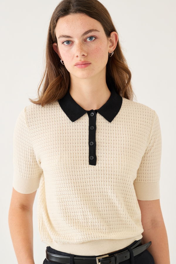 demylee Celia Waffle Pointelle Cotton Polo Top