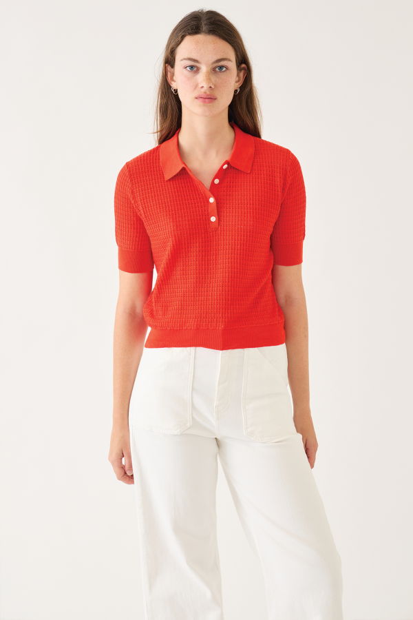 demylee Celia Waffle Pointelle Cotton Polo Top