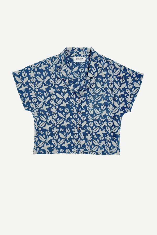 PO-EM Covet Cotton Blouse in Sky-is-Garden Indigo Blockprint Top