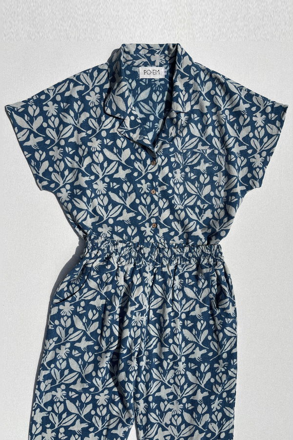 PO-EM Covet Cotton Blouse in Sky-is-Garden Indigo Blockprint Top