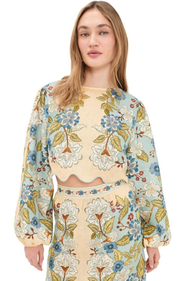 Farm Rio Garden Scarf Blue Long Sleeve Blouse - Garden Scarf Blue