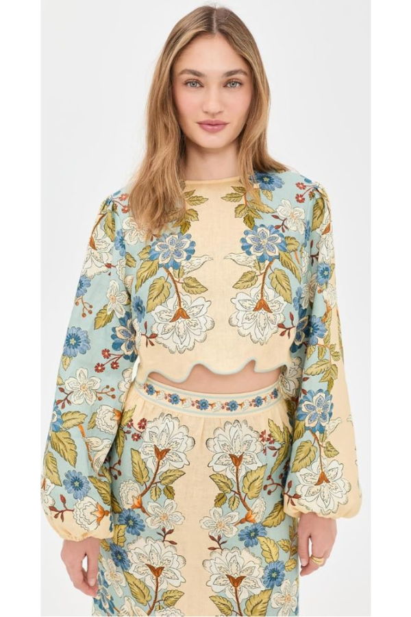 Farm Rio Garden Scarf Blue Long Sleeve Blouse - Garden Scarf Blue