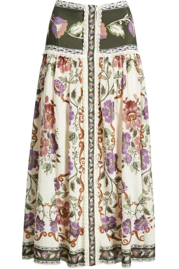 Farm Rio Lace Buttoned Midi Skirt - Rococo Flowers Cream