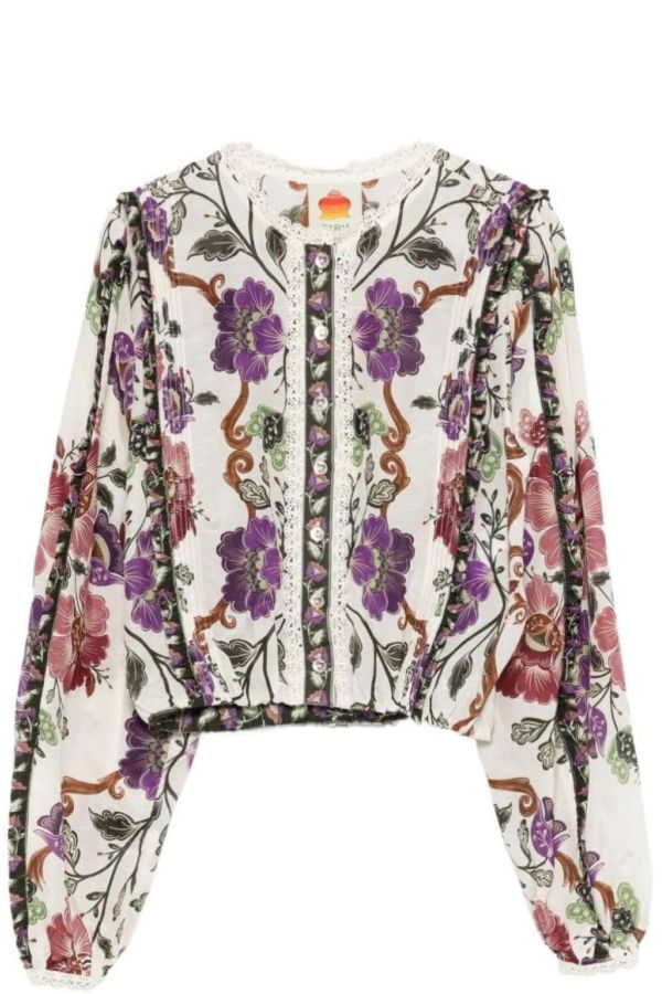 Farm Rio Lace Long Sleeve Blouse - Rococo Flowers Cream