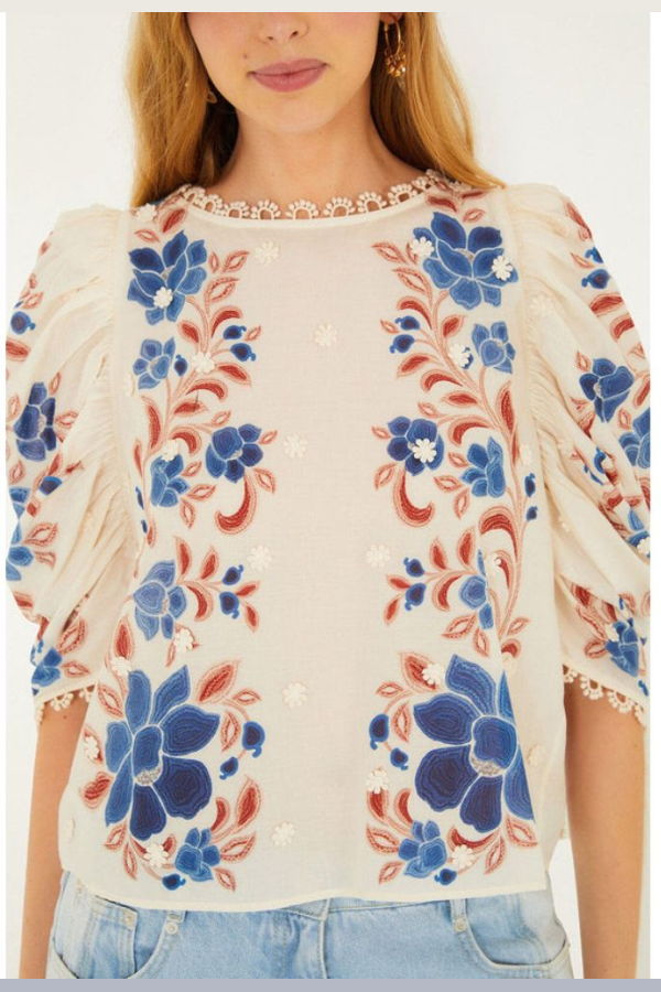 Farm Rio Renata Floral Sand Blouse - Renata Floral Sand