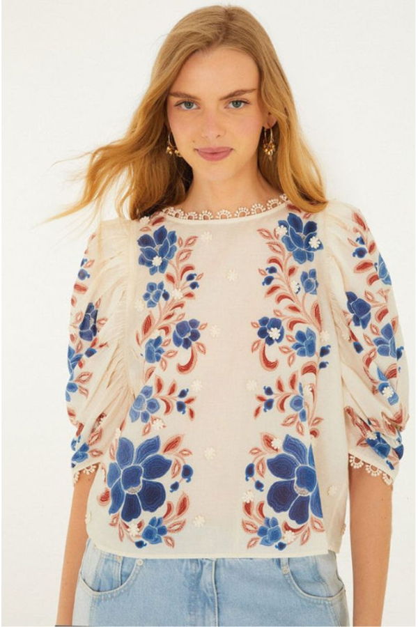 Farm Rio Renata Floral Sand Blouse - Renata Floral Sand