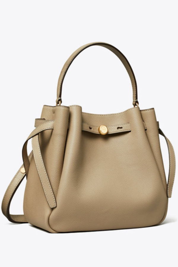 Tory Burch Romy Pebbled Leather Bucket Bag - Soft Cement
