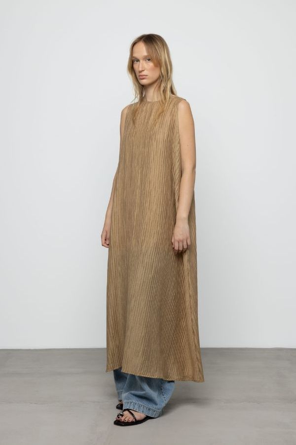 Esthé Sheer Pleated Maxi Dress - Gold