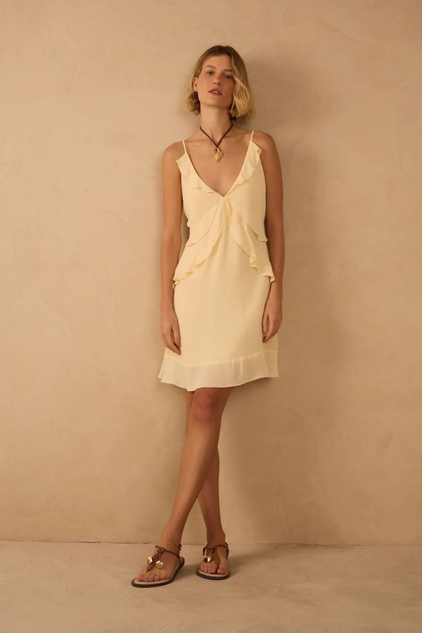 DRESS TO Concha Layered V Neck Ruffle Mini Dress - Beige