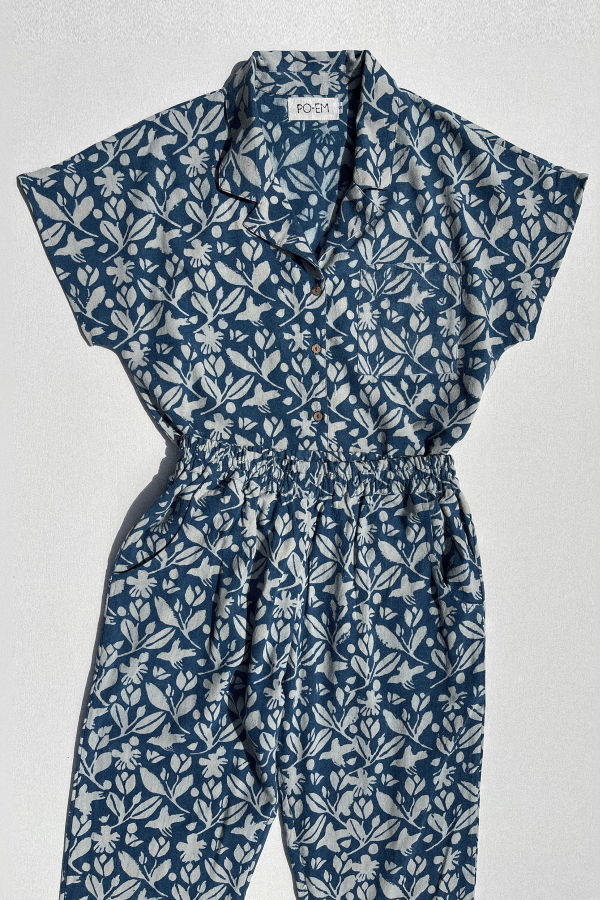 PO-EM Deck Cotton Pants in Sky-Is-Garden Indigo Blockprint