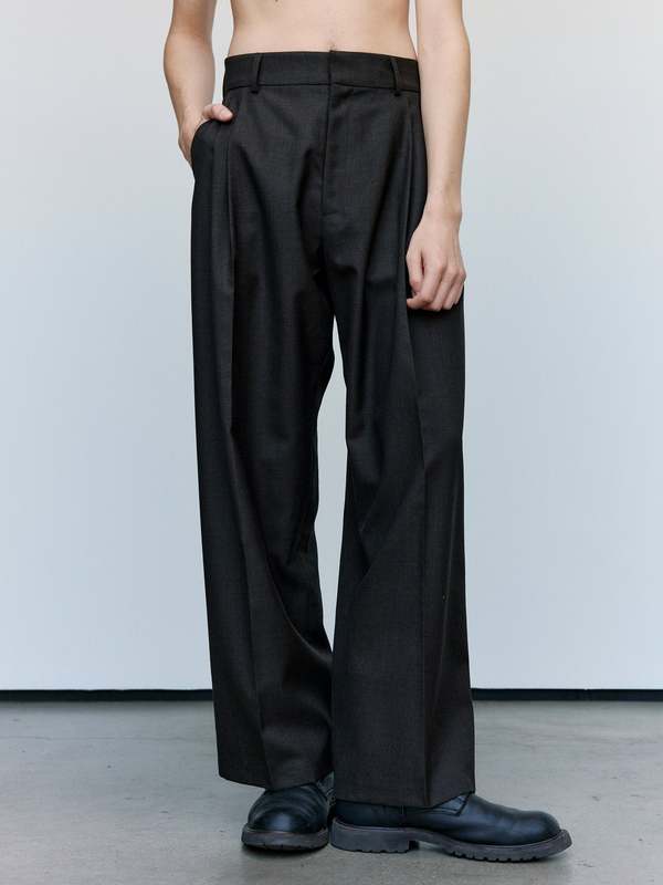 Cecile Tulkens Dark Brown Shark Skin Wool Wide Pleat Trousers