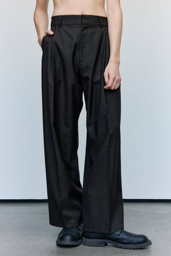 Cecile Tulkens Dark Brown Shark Skin Wool Wide Pleat Trousers