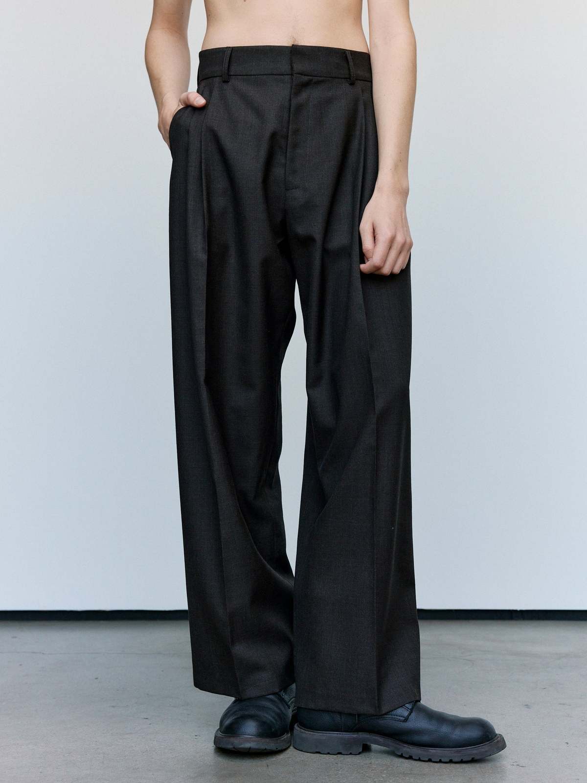 Cecile Tulkens Dark Brown Shark Skin Wool Wide Pleat Trousers - Image 1 of 10
