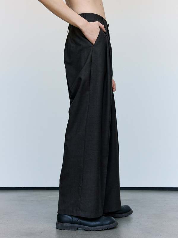 Cecile Tulkens Dark Brown Shark Skin Wool Wide Pleat Trousers