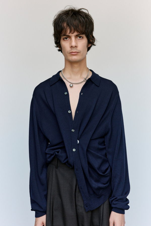 Cecile Tulkens John Smedley Navy Twisted Merino Polo Shirt