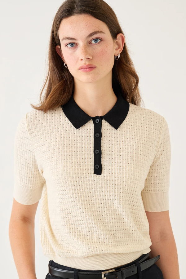 demylee Celia Waffle Pointelle Polo Top