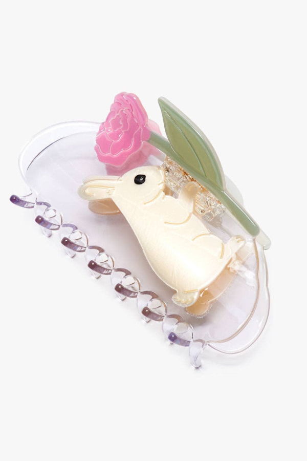 Winona Irene Cream Bunny Rabbit with Pink Peony Acetate Hair Claw