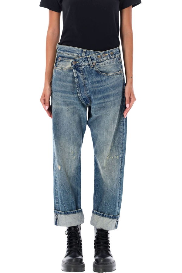 R13 Crossover Waist Distressed Jeans - Kelly Blue