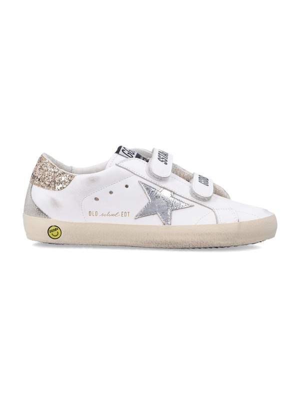 KIDS Golden Goose Old School Leather and Glitter Heel Sneakers - White/Silver