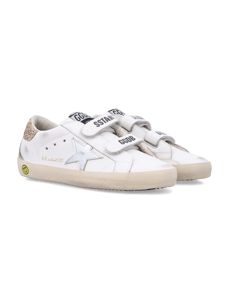 KIDS Golden Goose Old School Leather and Glitter Heel Sneakers - White/Silver