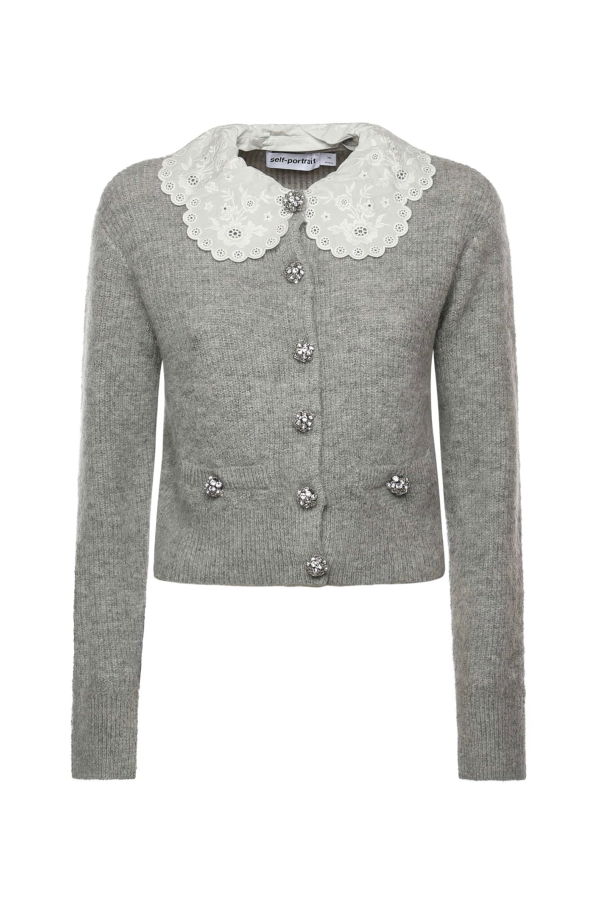 Self-Portrait Cardigan With Lace Collar Sweater - Gray