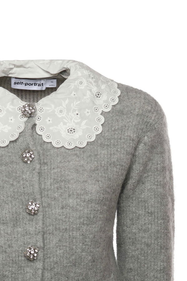 Self-Portrait Cardigan With Lace Collar Sweater - Gray