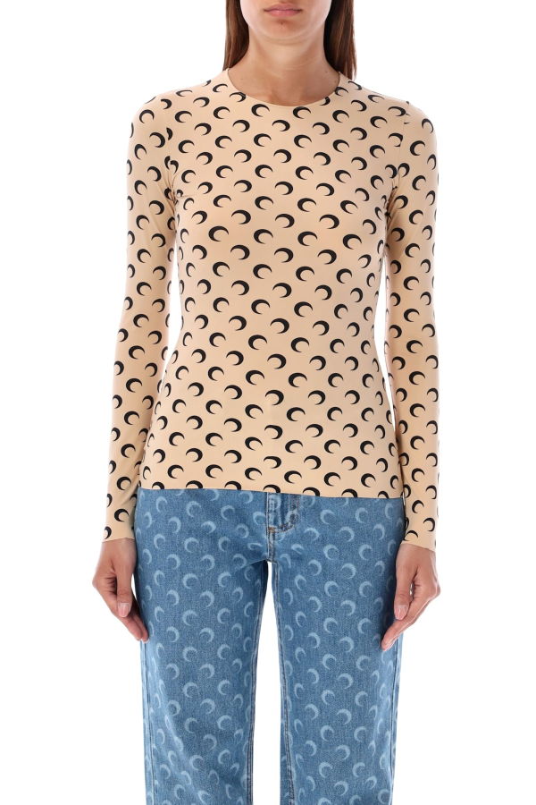MARINE SERRE Moon Round Neck Second Skin Top - Tan Black Moon