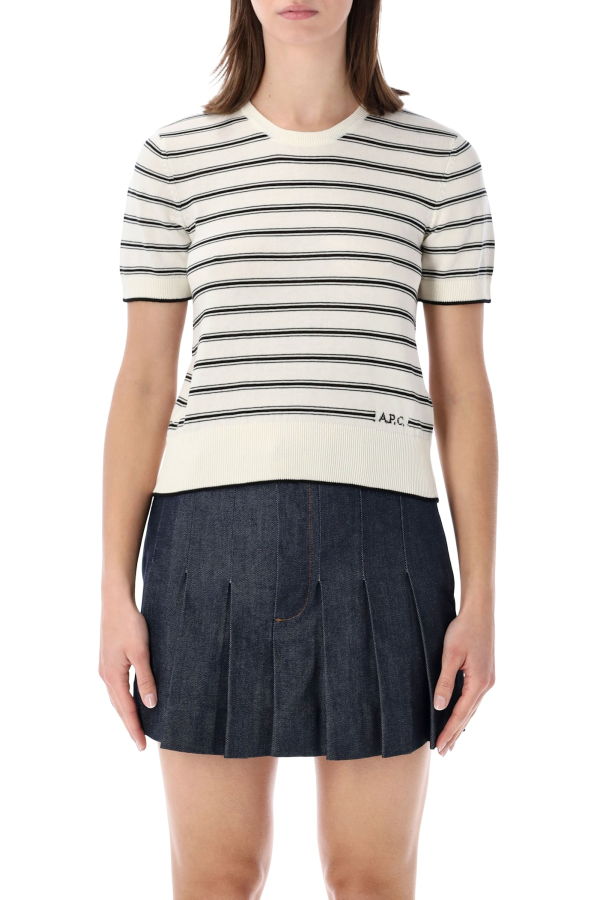 A.P.C. Striped Short-Sleeve Knit Sweater - Ecru Black Stripes
